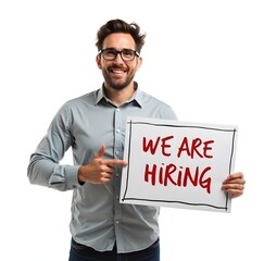 businessman holding a we are hiring sign, Job Vacancy announcement, Now Hiring Signage 