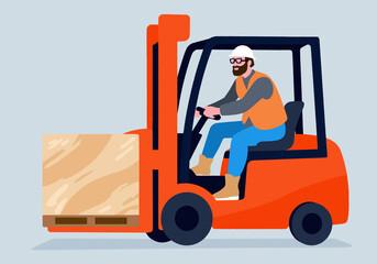 Forklift operator moving large wooden crate in warehouse