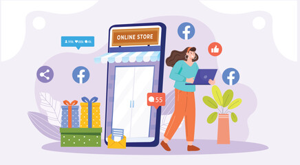 A vibrant depiction of Facebook marketing for online stores, highlighting ads, product showcases, and strategies to boost sales and visibility.