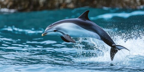 Fototapeta premium A Hectorâ€™s dolphin darting through the water, showcasing its speed and agility.