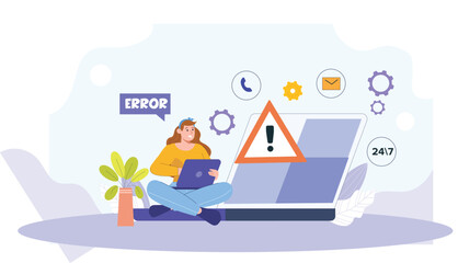 A vibrant depiction of website error alerts, showcasing support systems, troubleshooting tools, and engaging visuals for user assistance.