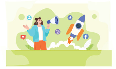 Naklejka premium A vibrant illustration demonstrating social media tools and strategies, helping businesses enhance their online presence and connect with a broader audience effectively.