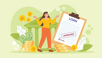 A professional design showcasing approved loan documents with bank symbols, ideal for illustrating streamlined banking processes and efficient financial services.