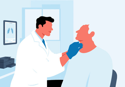 Doctor conducting thyroid exam on patient in clinic