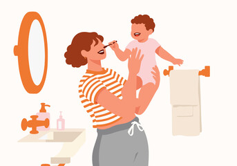 Mother holding baby in bathroom at home