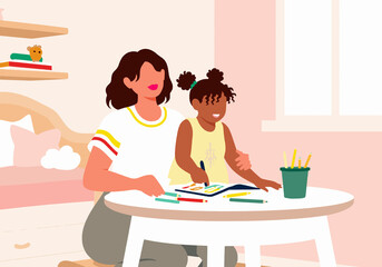 Mother assisting daughter coloring in book at home