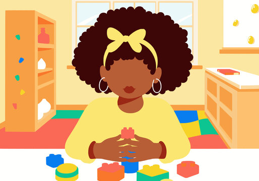 Girl with headband playing with colorful building blocks at home