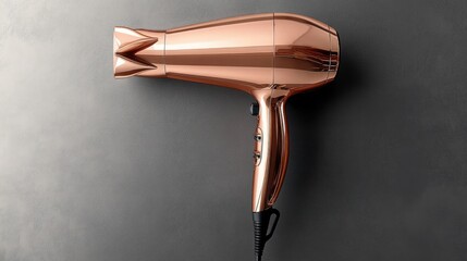 Rose gold hair dryer on grey background.