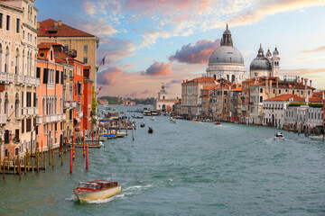 Italy, Venice - 22.09.2024: Panoramic afternoon view of tenement houses in Venice, Grand Canal and Santa Maria della Salute church