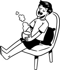 Line Art Illustration of A Young Man Drinking Coffee Activity at Home, Young Man Character for Coloring Page