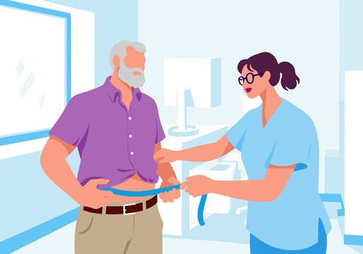 Doctor measuring patient?s waistline at diabetes clinic