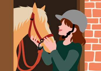 Smiling girl wearing helmet and stroking horse at stable
