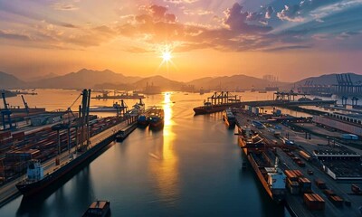 Ships navigating the strait, an industrial port, and cranes loading containers. International maritime transport concept, Panama Canal, National Navy Day