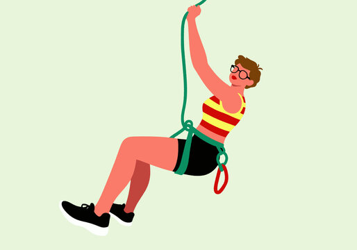 Climber hanging on harness against green background