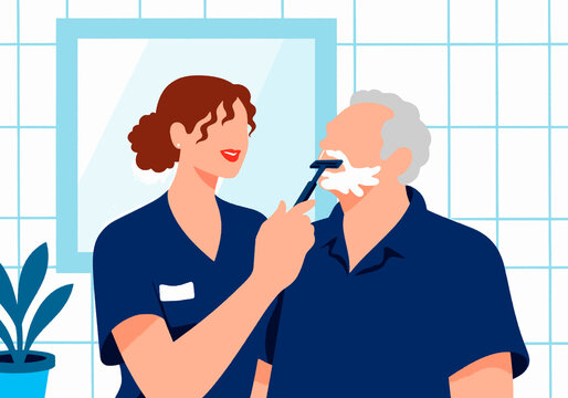 Caregiver shaving face of elderly man in bathroom