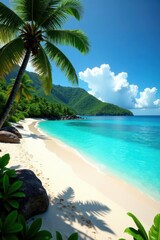 Fototapeta premium Idyllic tropical beach, vibrant turquoise water, lush palm trees, Maldives, Caribbean, paradise