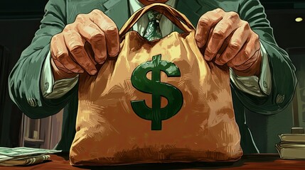 Firm hands grip a money bag adorned with a green dollar sign showcasing wealth and ambition in an elegant office environment