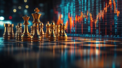 Elegant golden chess pieces are poised on a chessboard while a vibrant stock market graph adds an intriguing backdrop of financial tension