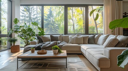 Fototapeta premium A modern living room interior design with a spacious layout, sleek furniture in neutral tones, a large L-shaped sofa with cozy throw pillows, a wooden coffee table, floor-to-ceiling windows with natur