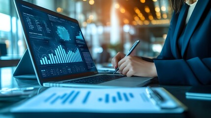 Businesswoman analyzing financial data on laptop