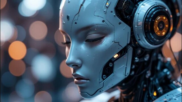 Futuristic robot and bitcoin symbol. Cryptocurrency and future finance.