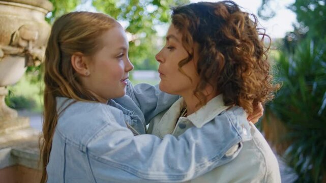 Mother daughter touching noses at urban garden closeup. Woman holding child