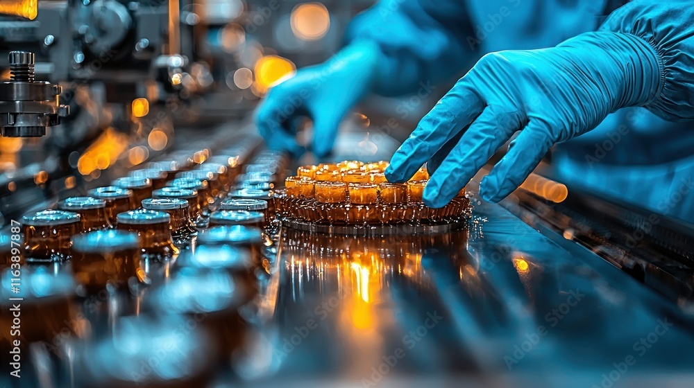 Poster worker handling vials on a production line.