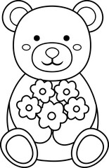 Cute little teddy bear holding bouquet Valentine's Day outline vector. 
Bear holding bouquet coloring drawing.
For celebrating Valentine's Day, wedding or birthday.
Isolated  Valentine's Day icon elem