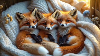 Fototapeta premium Three adorable fox kits, each with fluffy orange fur, white-tipped tails, and bright curious eyes, curled up together in a soft, creamy-white blanket with a subtle texture, nestled in a cozy nook with