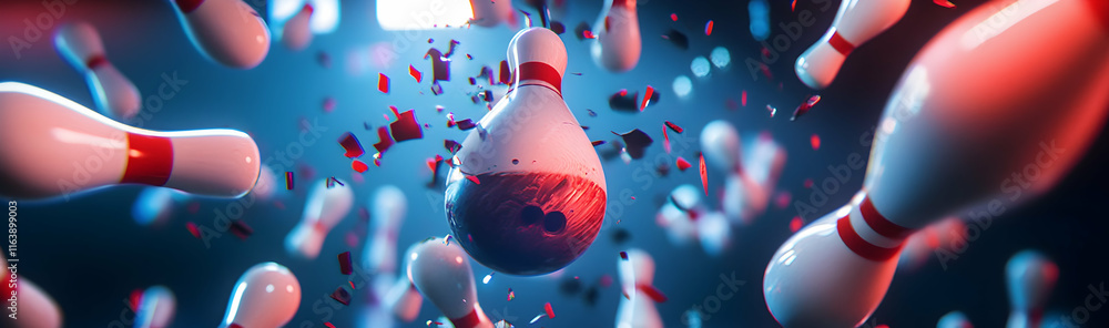 Poster action-packed close-up of a bowling ball smashing into pins from a bottom-view perspective during a 