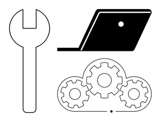 Wrench, laptop, three gears inside cloud. Ideal for technology, cloud computing, engineering, IT solutions, digital tools technical support and innovation themes. Abstract line flat metaphor