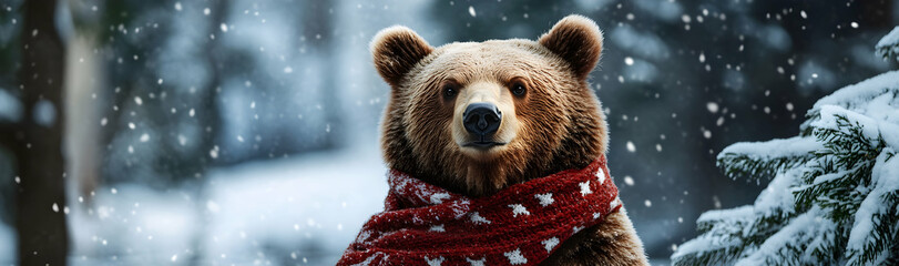 Adorable bear wearing a holiday scarf in a snow-covered forest  -