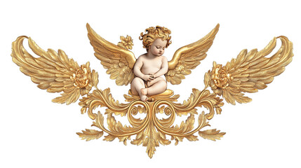 Cherubic figure with golden wings and ornate decorations