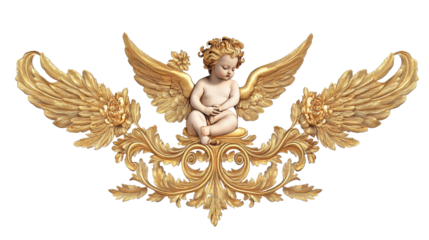 Cherubic figure with golden wings and ornate decorations