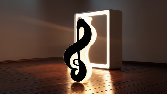 In a serene, dimly lit room with rich, dark brown wooden floors that reflect subtle hints of warm light, a stylized, bold black treble clef musical symbol, intricately designed with smooth, curved lin - Powered by Adobe