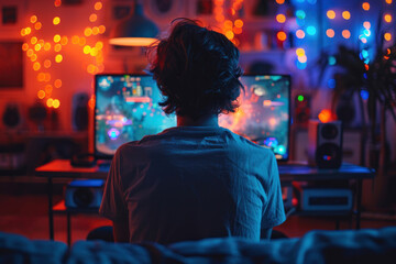 Young man playing online video games on computer in dark room with neon lights.