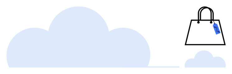 Large cloud shape and smaller cloud shape with white shopping bag tagged with blue label. Ideal for concepts thumbs up digital marketplace, cloud storage, e-commerce, online shopping, virtual retail
