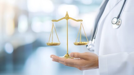 Doctor holds golden scales of justice, a symbol of fairness and ethical medical practice.