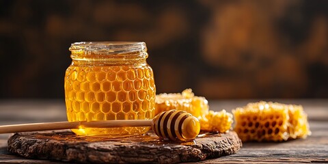 Jar of honey surrounded by colorful blossoming flowers in the bright sunlight