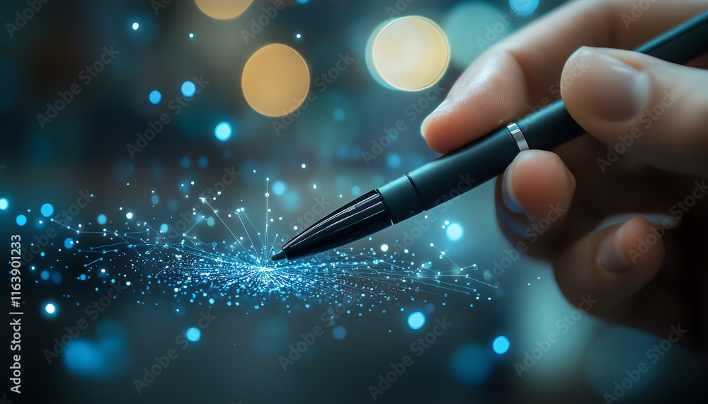 Poster stylus in hand interacting with a 3d digital globe and network icons, set against a blurred futurist