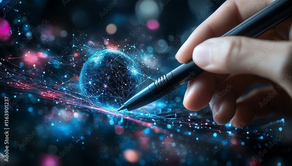Poster stylus in hand interacting with a 3d digital globe and network icons, set against a blurred futurist