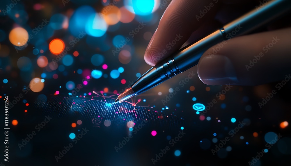 Poster stylus in hand interacting with a 3d digital globe and network icons, set against a blurred futurist