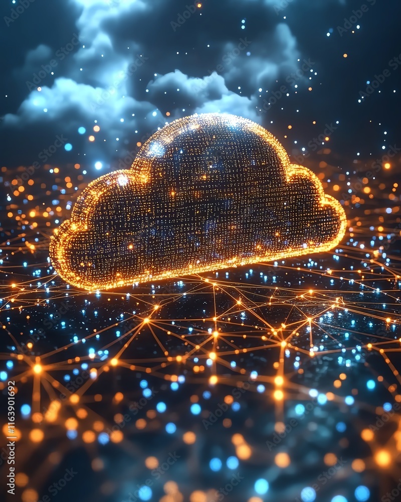 Poster cloud computing concept with a bright glowing cloud symbol and digital data connections, floating in