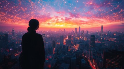 Silhouette of a woman gazing at a vibrant cityscape at sunset, with a network of connections in the sky.