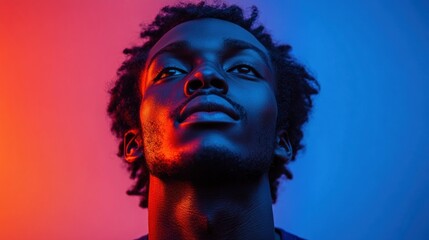 Here's a 10-word description of the image: Man's face, neon