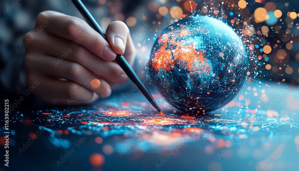 Poster hand using a stylus to interact with a 3d digital globe and connected icons, blurred futuristic back