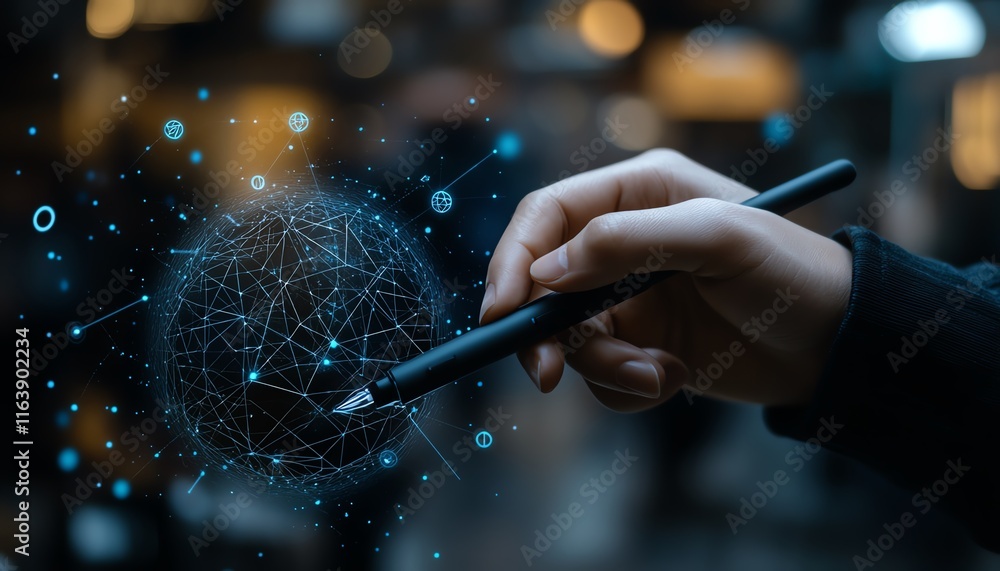 Poster hand using a stylus to interact with a 3d digital globe and connected icons, blurred futuristic back