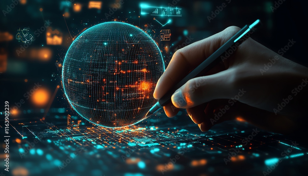 Poster hand with a stylus drawing on a glowing globe and floating icons, digital network concept on a blurr
