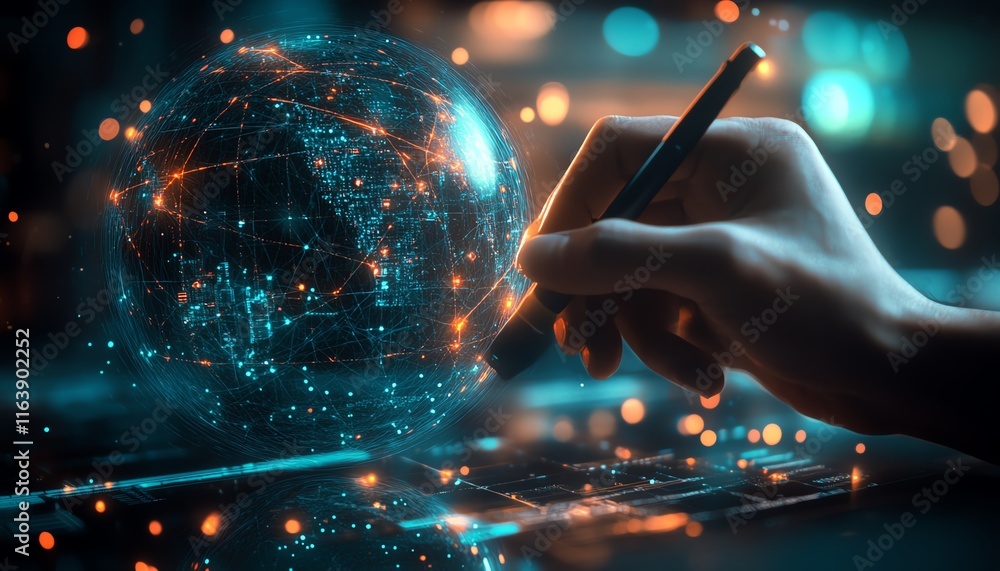 Aufkleber hand with a stylus drawing on a glowing globe and floating icons, digital network concept on a blurr