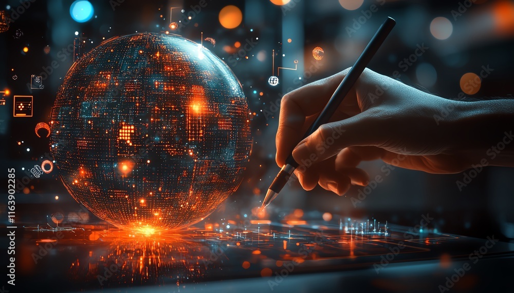 Poster hand with a stylus drawing on a glowing globe and floating icons, digital network concept on a blurr